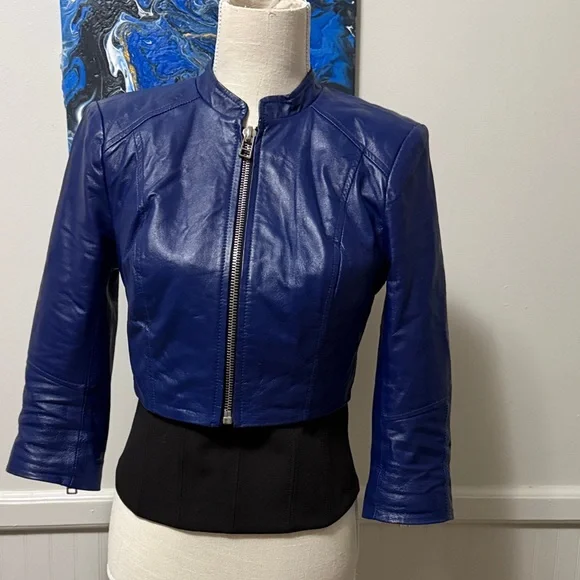 Bebe 100% leather crop Women's Blue Leather Jacket - Picture 1 of 13